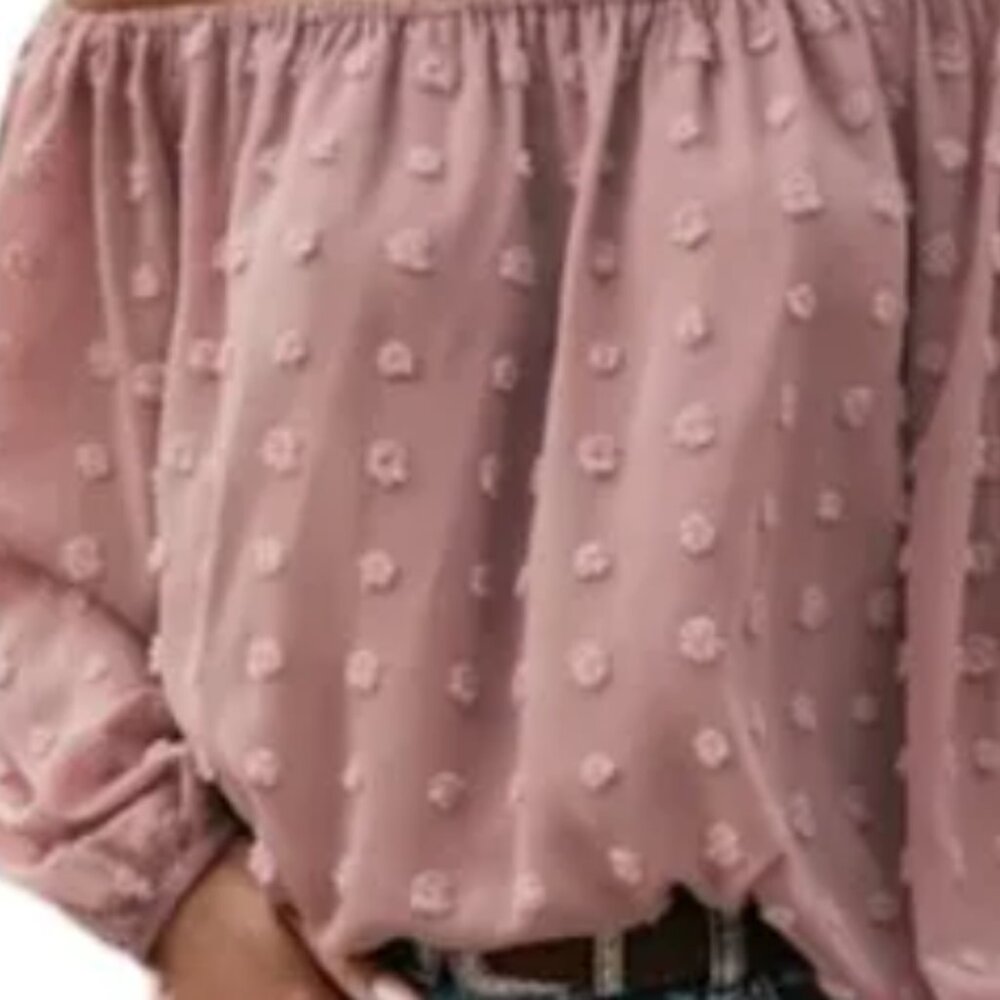 Dusty rose tufted dot off shoulder boho flowy long sleeve blouse sizes M and L - Picture 4 of 5
